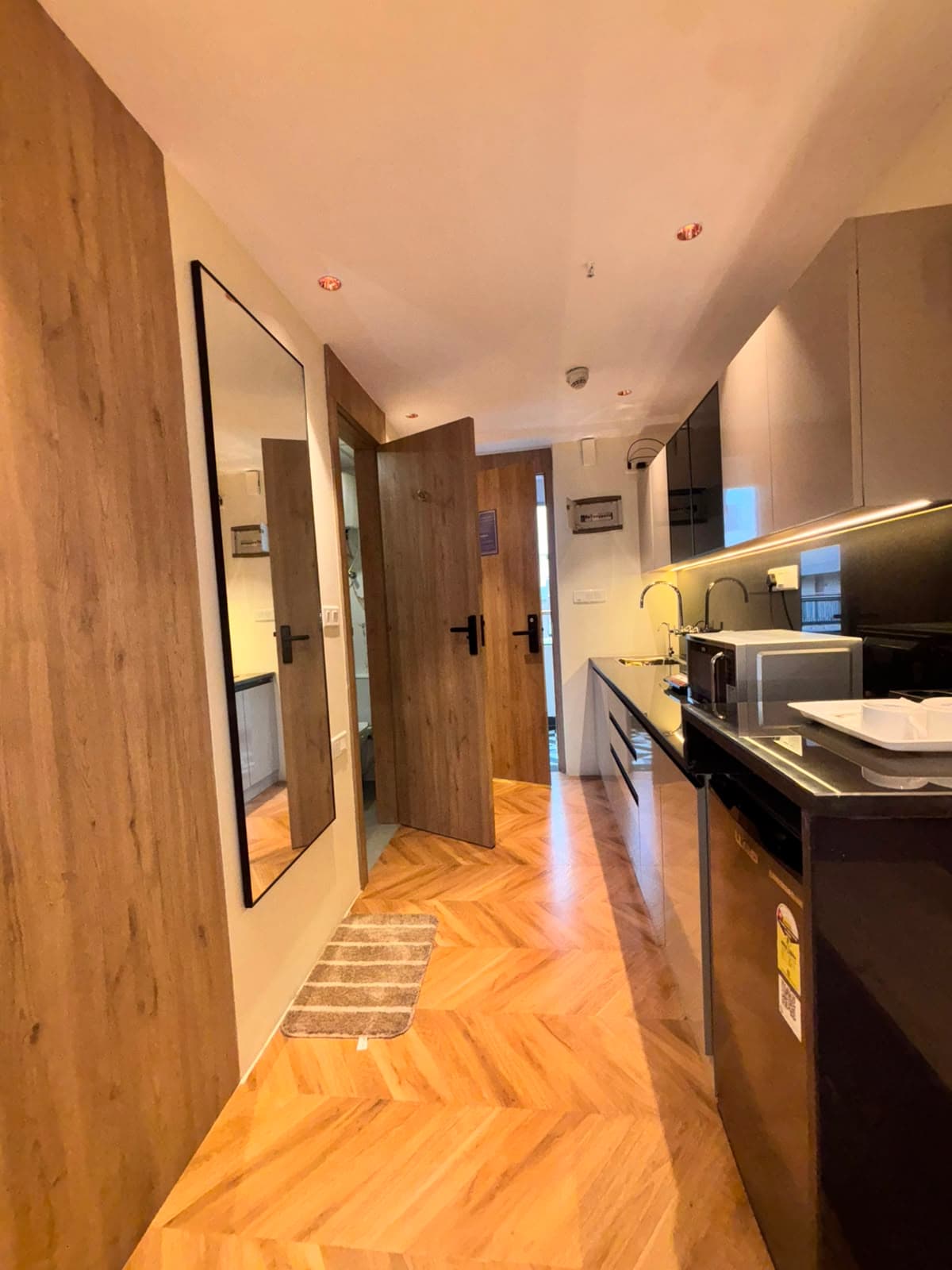 Entry corridor with full-length mirror and the fitted kitchenette with microwave